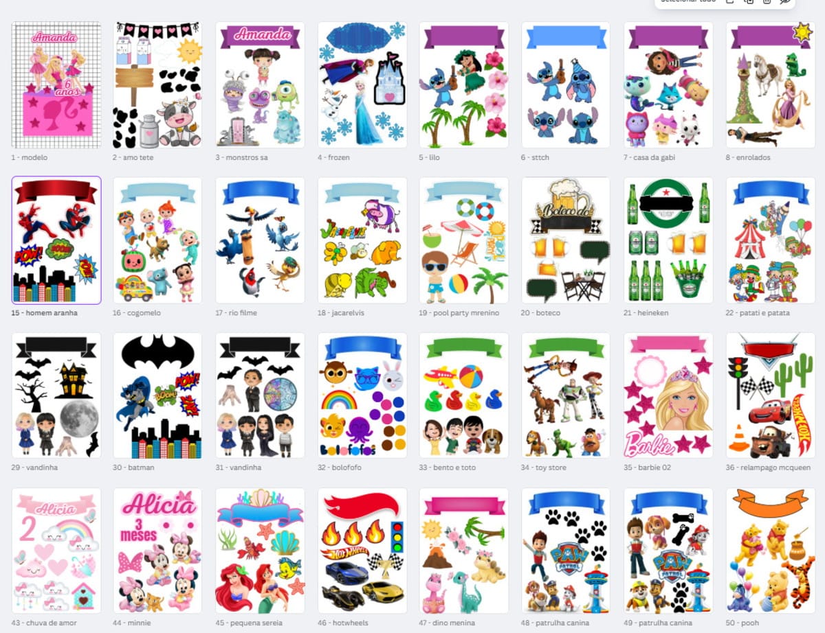 100 Topos de Bolo Editáveis no Canva para Festa Infantil 2 Coleção de adesivos digitais coloridos com diversos temas infantis populares e variados.