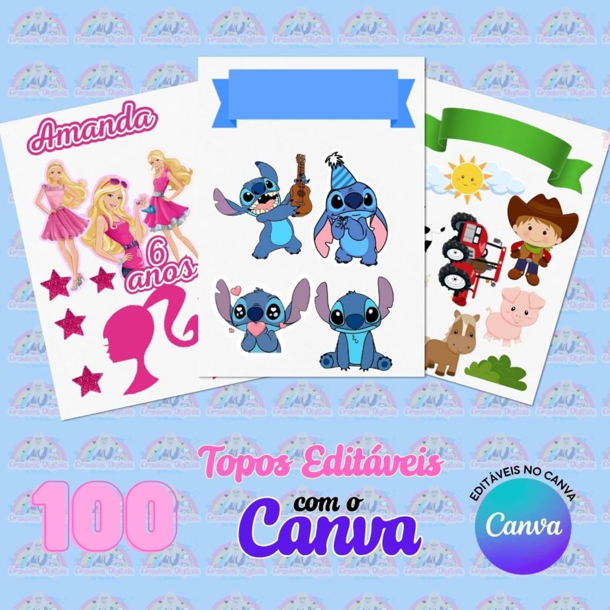 100 Topos de Bolo Editáveis no Canva para Festa Infantil 1 Três folhas de papel com impressões coloridas de temas infantis variados.