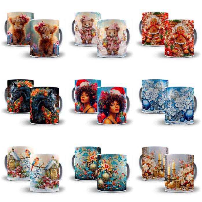 +130 Estampas Caneca Natal 3D Sublimação Arquivos Png