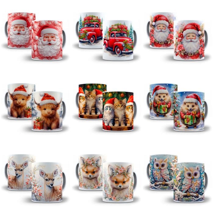 +130 Estampas Caneca Natal 3D Sublimação Arquivos Png