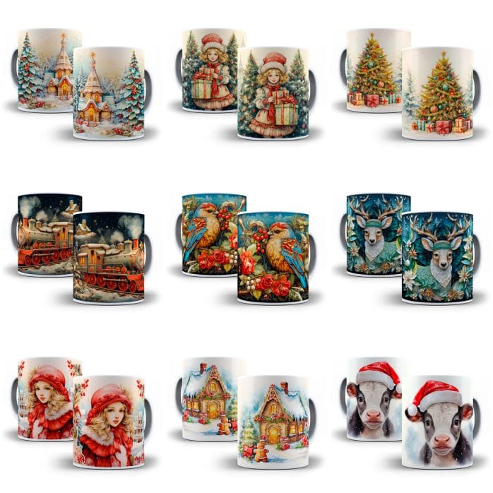 +130 Estampas Caneca Natal 3D Sublimação Arquivos Png