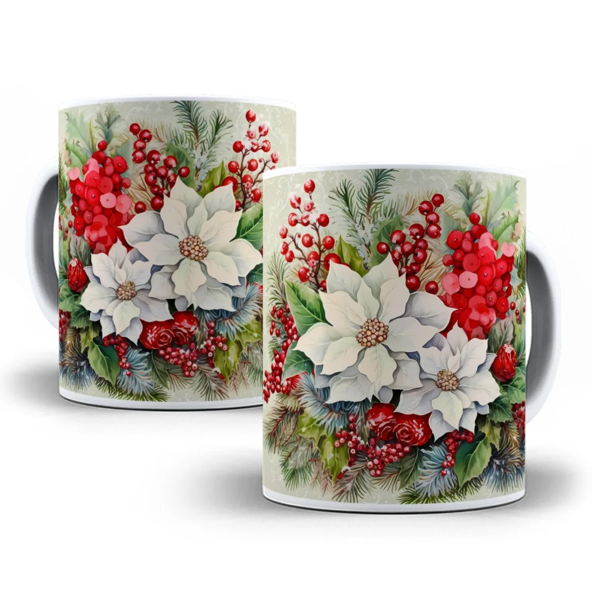 133 Artes Canecas Natalinas 2024 - Png 2 Duas canecas estampadas com flores brancas e bagas vermelhas de natal