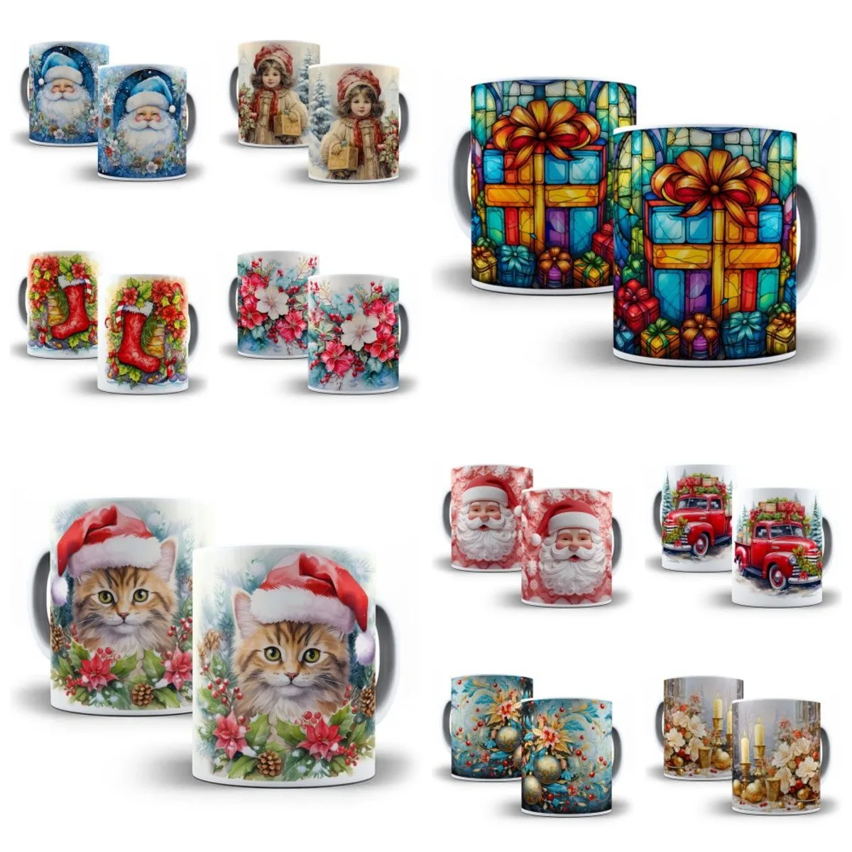 133 Artes Canecas Natalinas 2024 - Png 3 Conjunto de canecas estampadas com temas natalinos variados como gatos, papai noel e presentes.
