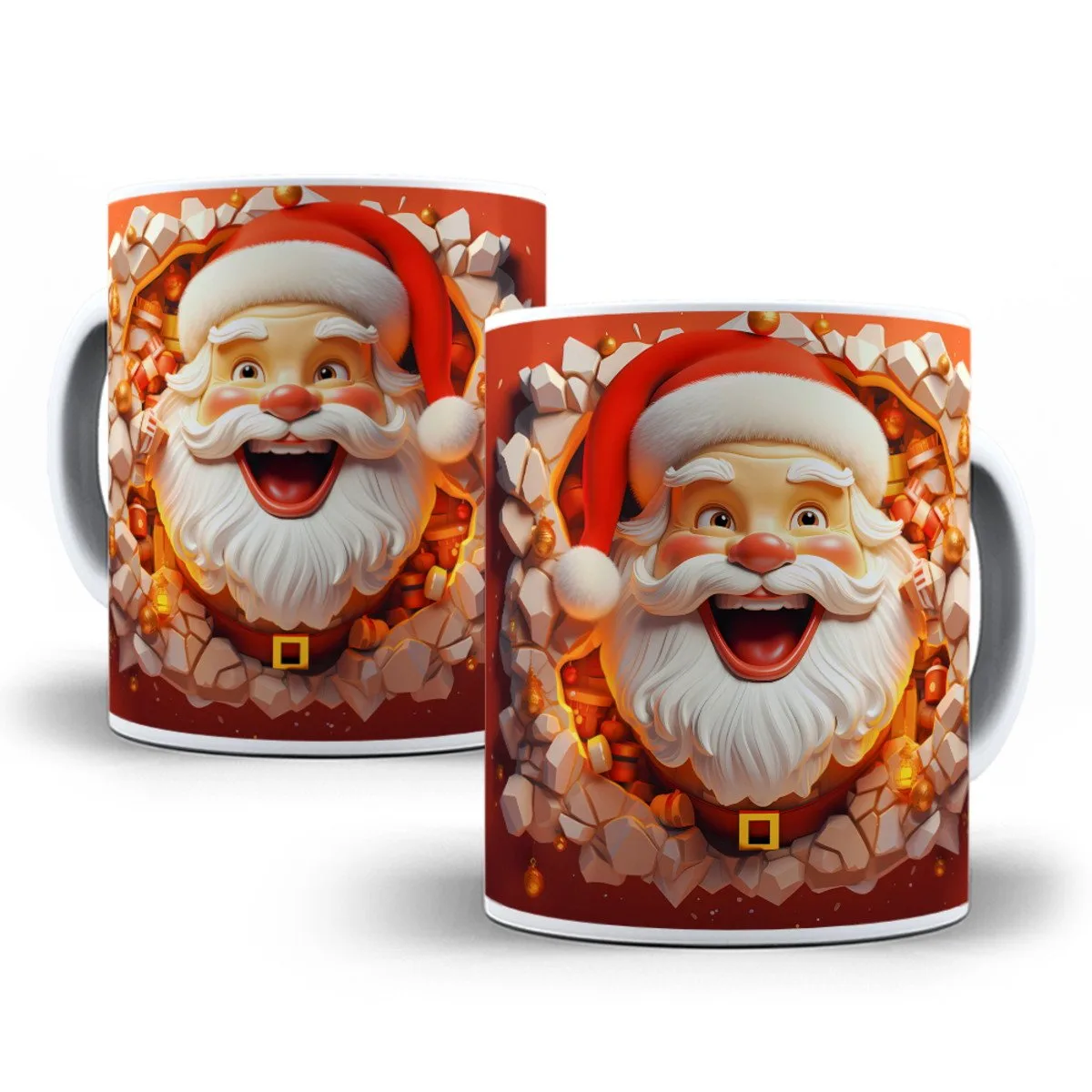 133 Artes Canecas Natalinas 2024 - Png 1 Duas canecas estampadas com a ilustração de um Papai Noel sorridente saindo de uma parede.