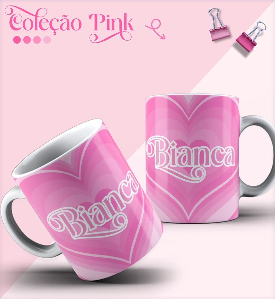 15 Artes para Caneca Feminina Pink Sublimação 2 Duas canecas brancas com estampa de corações rosas e nome personalizado sobre fundo claro.