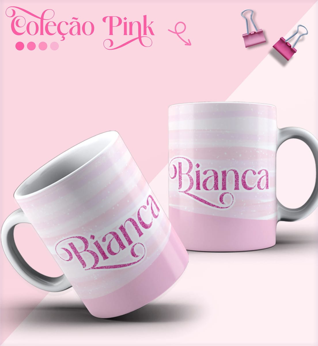 15 Artes para Caneca Feminina Pink Sublimação 3 Duas canecas de cerâmica rosa com nome personalizado e detalhes em tons claros.