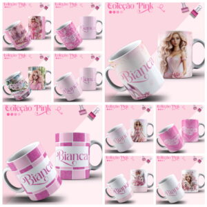 Várias canecas com estampas cor de rosa exibindo desenhos de bonecas e nomes.