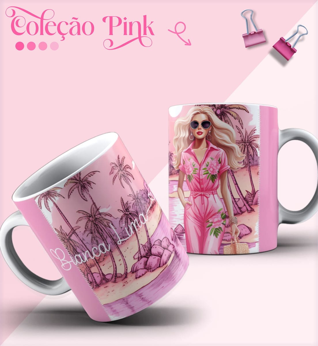 15 Artes para Caneca Feminina Pink Sublimação 4 Duas canecas cor-de-rosa estampadas com ilustrações de mulher e palmeiras em fundo rosa.