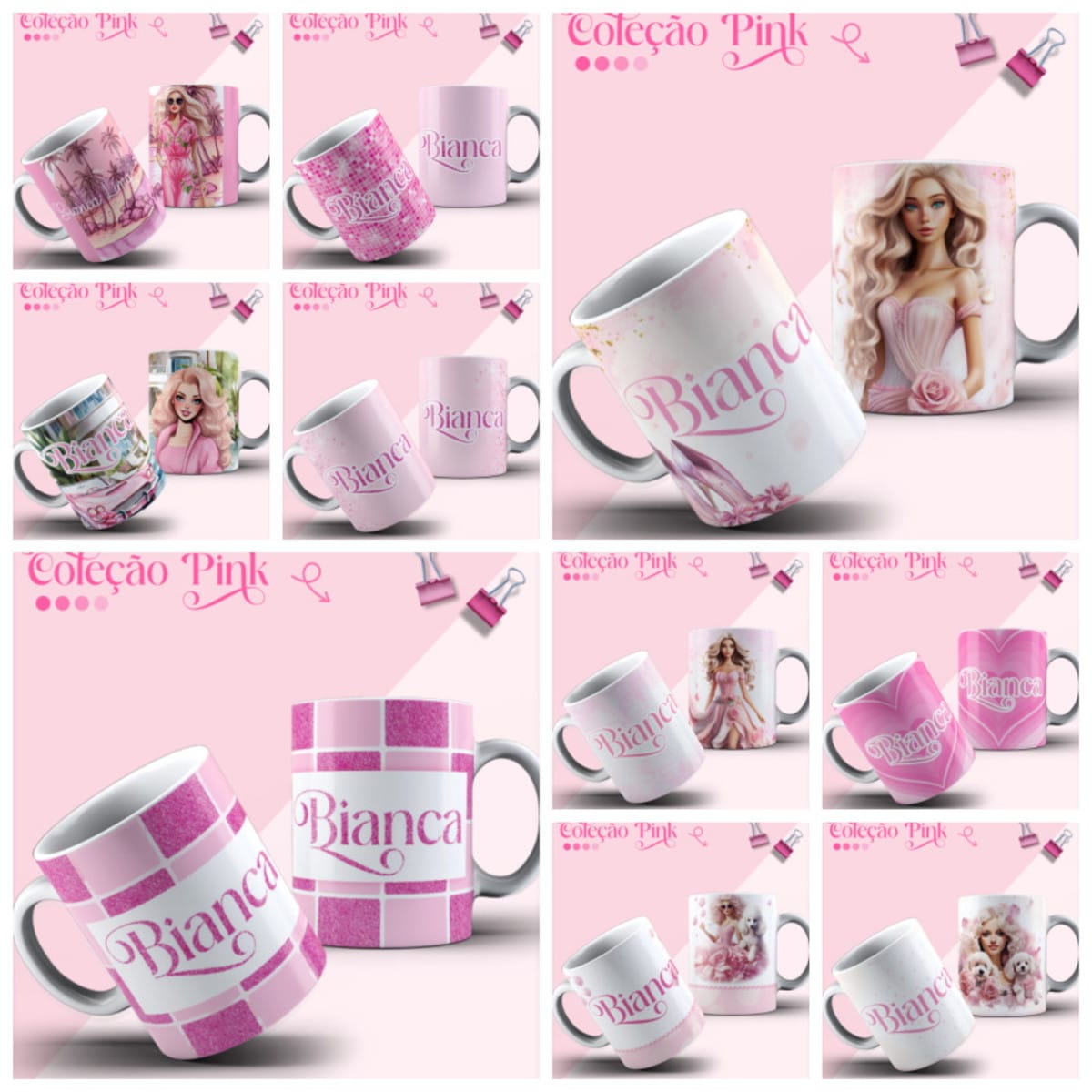 15 Artes para Caneca Feminina Pink Sublimação 1 Várias canecas com estampas cor de rosa exibindo desenhos de bonecas e nomes.