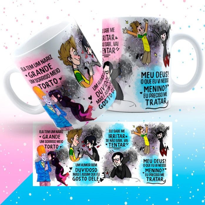 2 Estampas Caneca Sorriso Torto Música Namorados Ele E Ela