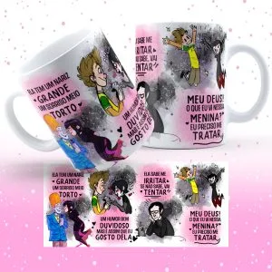 2 Estampas Caneca Sorriso Torto Música Namorados Ele E Ela
