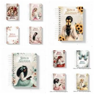 Coleção de capas personalizadas com ilustrações florais e religiosas em cadernos espiralados.