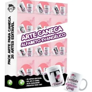 26 Artes Para Caneca Alfabeto Evangélico Editável Em Corel 26 Caixa com imagens de canecas estampadas com letras e frases cristãs.