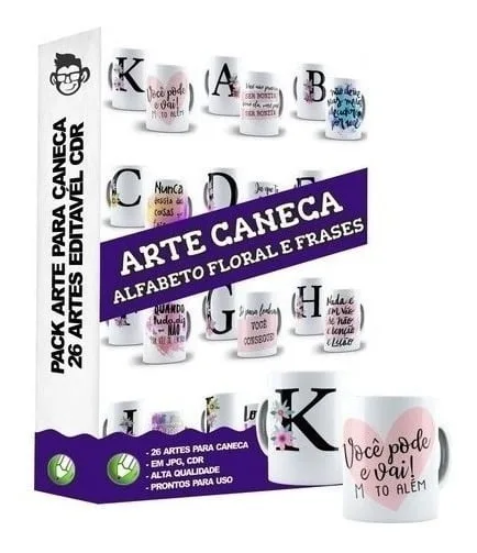 26 Artes Para Caneca Alfabeto Floral Frases Editável Em Cdr