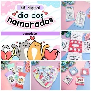 Arquivos Digitais Dia Dos Namorados Png Caixas Card Saquinho 19 Kit digital com artes para imprimir temáticas de dia dos namorados com gatos e corações.