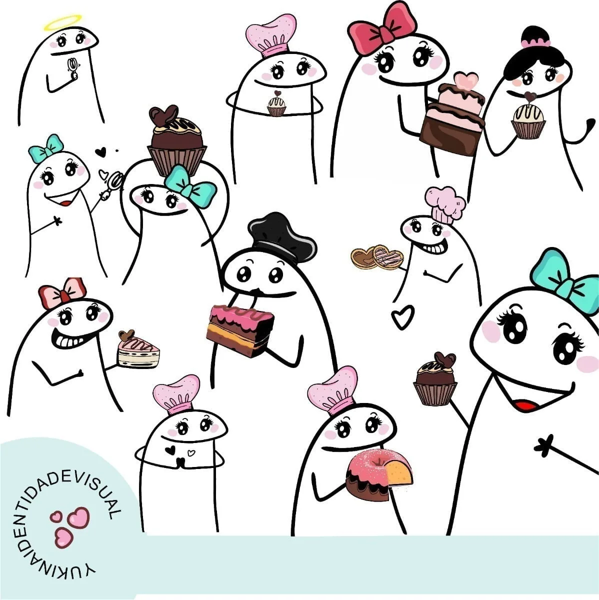 Ilustração digital com vários personagens de palito fofos segurando bolos e doces variados.