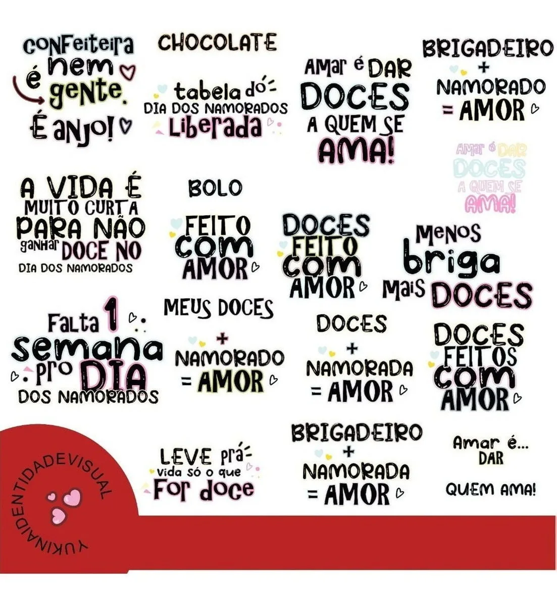 Diversas frases tipográficas românticas com temas de confeitaria e doces em fundo branco
