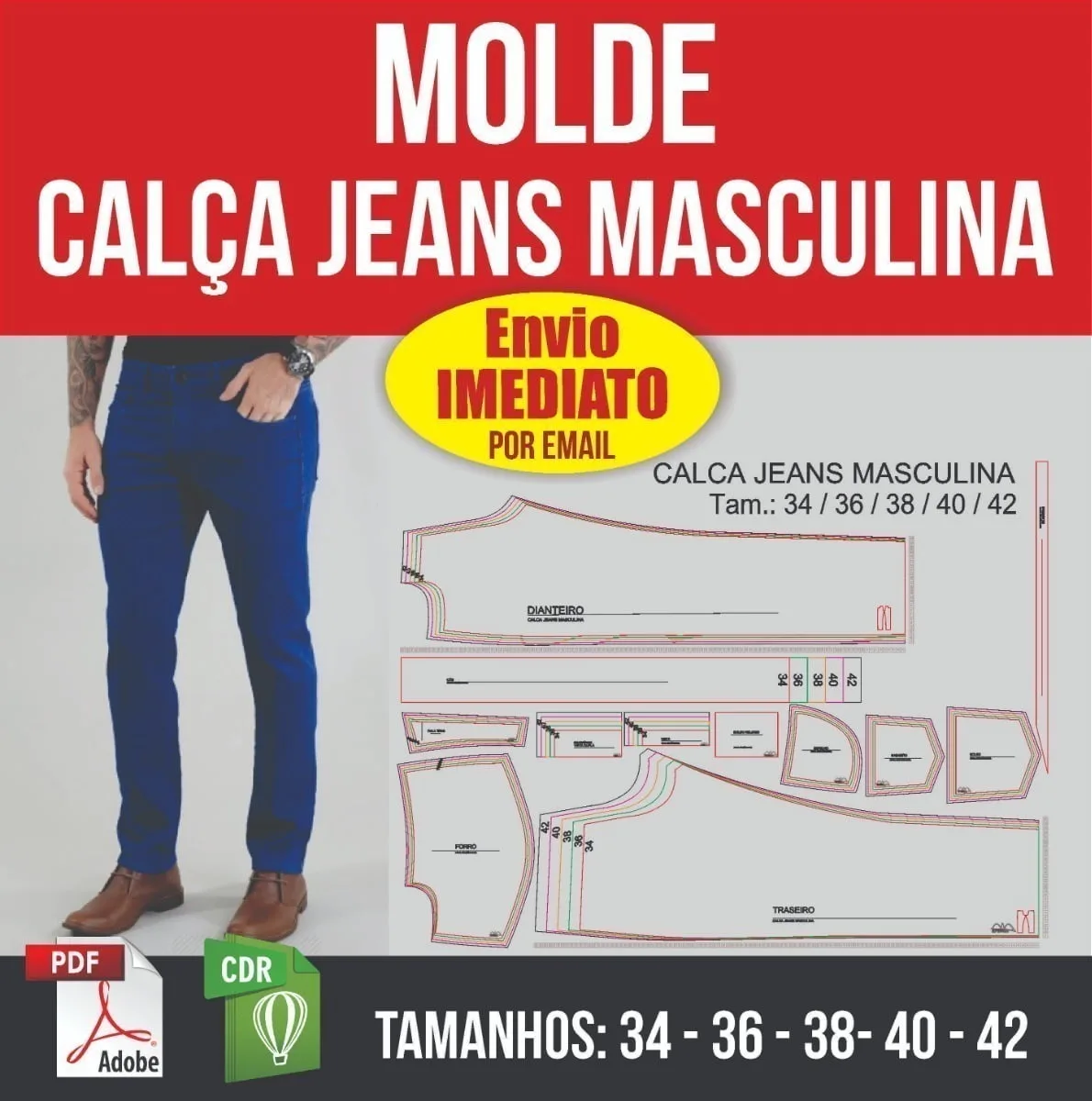 Molde Calça Jeans Trad. Masculina - Modelagem Em Pdf E Corel