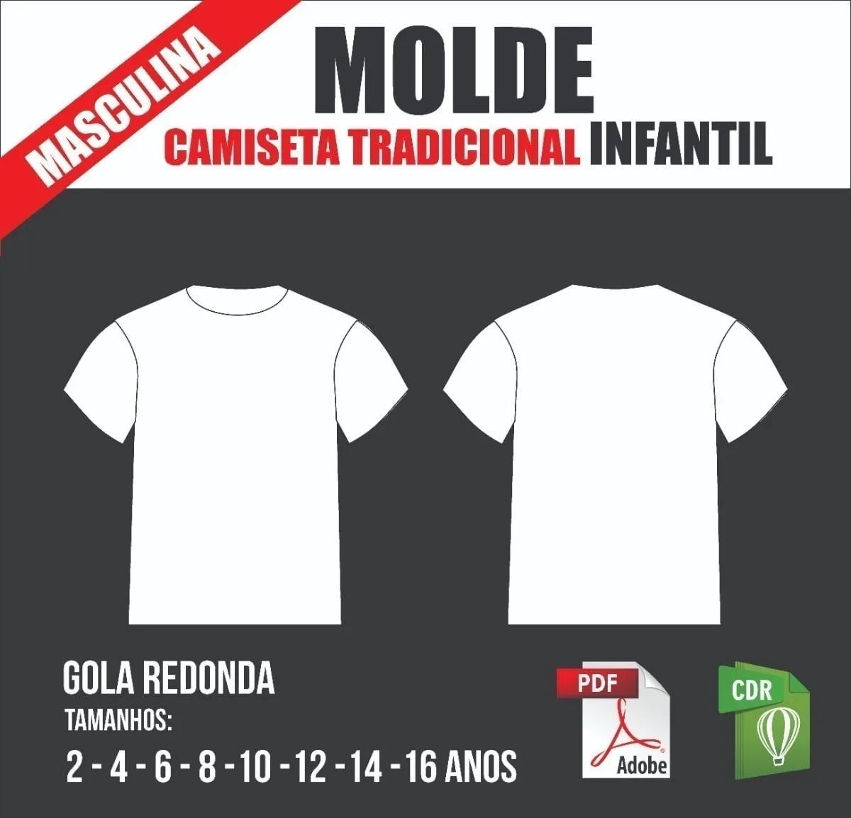 Molde Camiseta Tradicional Masculina, Infantil 1 Molde digital de camiseta infantil masculina com frente e costas ilustradas em branco.