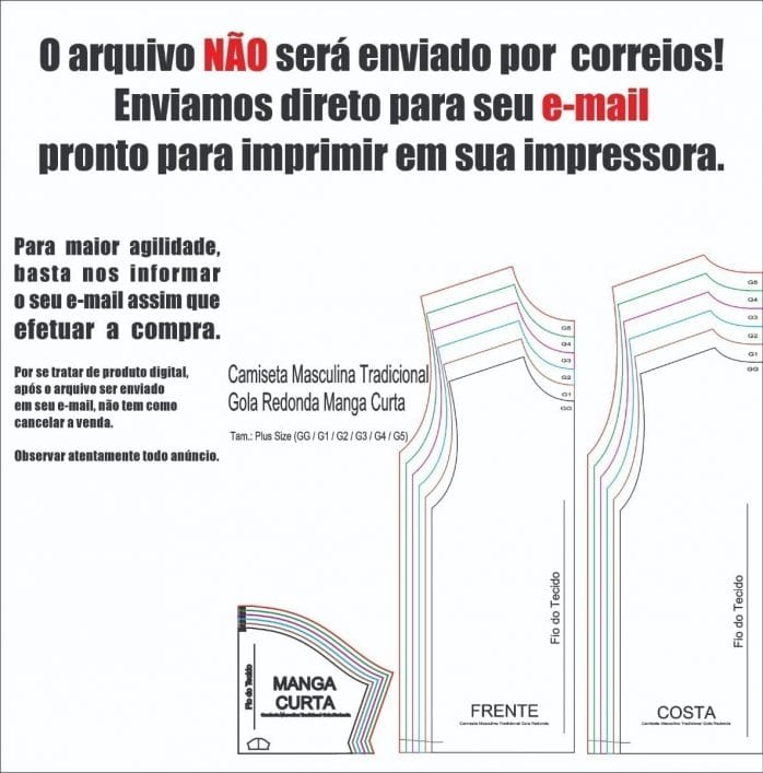 Molde Camiseta Tradicional Masculina, Plus Size