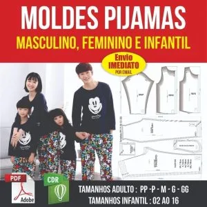 Moldes Pijamas Família - Modelagem Do Adulto Ao Infantil Pdf 18 Familia sorrindo usando pijamas estampados ao lado de moldes de costura digitais.