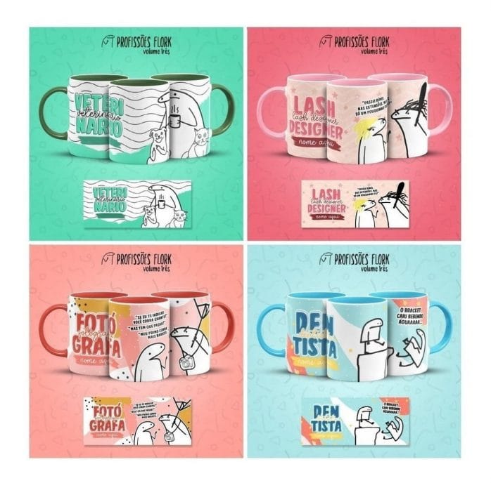 Pack Estampas Caneca Flork Profissões Meme Frases V3