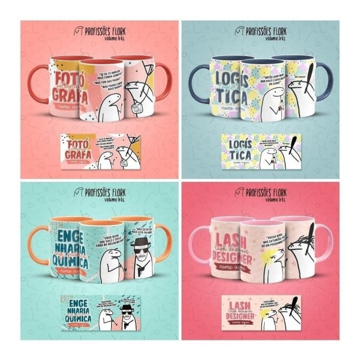 Pack Estampas Caneca Flork Profissões Meme Frases V3