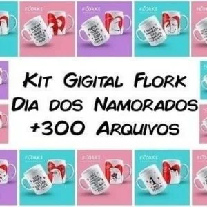 Pacote Artes Para Canecas Dia Dos Namorados Flork Bento 11 Diversas canecas brancas com estampas de desenhos de personagens em fundos coloridos variados.