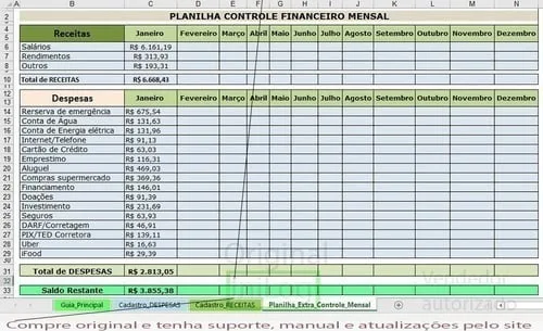 Planilha Controle De Gastos Mensais Receitas E Despesas