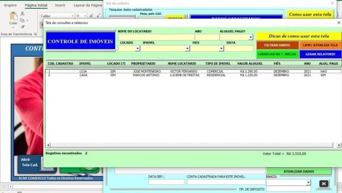 Sistema Feito Em Excel Controle De Imoveis E Recibos Aluguel