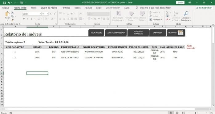 Sistema Feito Em Excel Controle De Imoveis E Recibos Aluguel