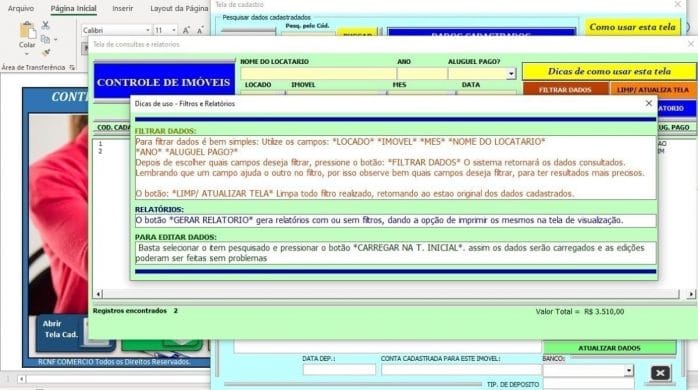 Sistema Feito Em Excel Controle De Imoveis E Recibos Aluguel