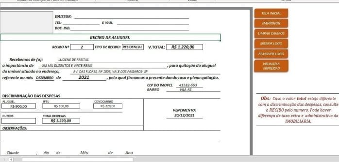 Sistema Feito Em Excel Controle De Imoveis E Recibos Aluguel