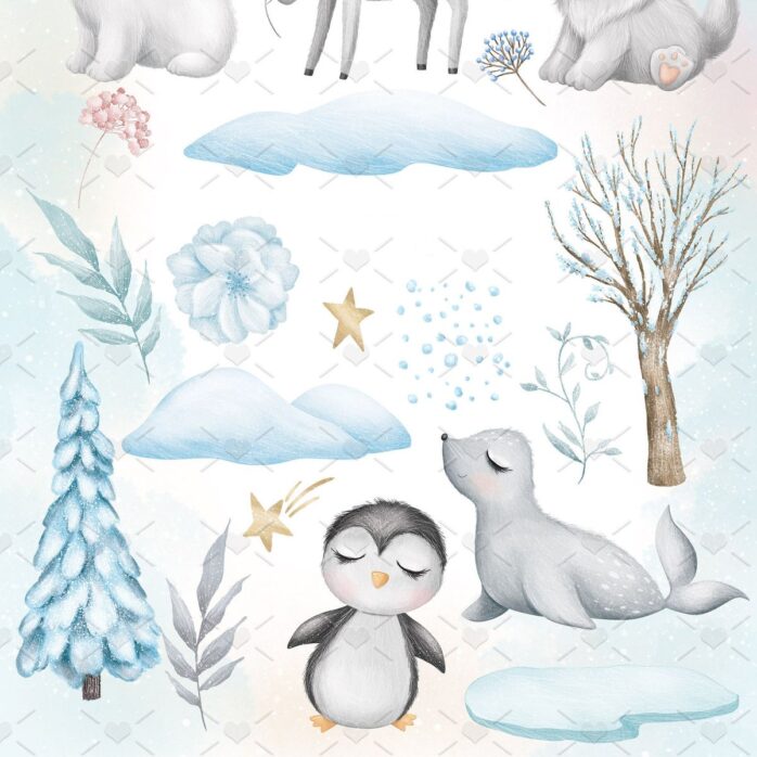 Cliparts Pack Animais Fofos do Ártico Neve Plantas Flores - Imagem 2