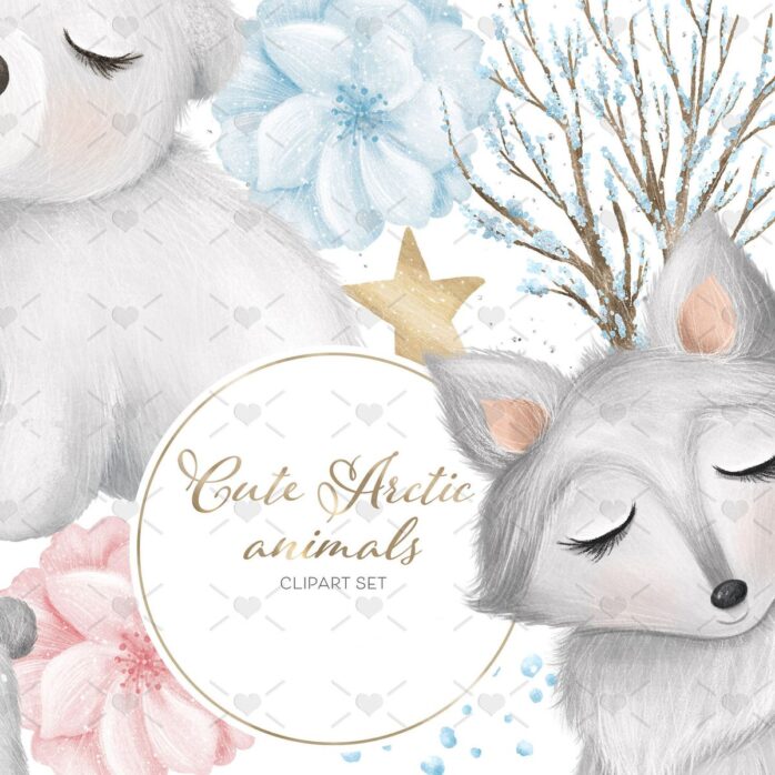 Cliparts Pack Animais Fofos do Ártico Neve Plantas Flores - Imagem 4