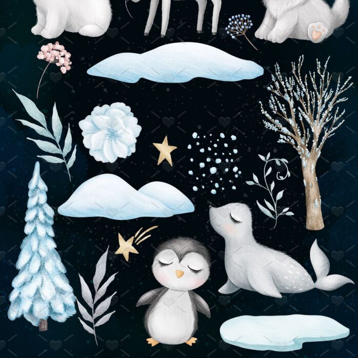 Cliparts Pack Animais Fofos do Ártico Neve Plantas Flores - Imagem 5