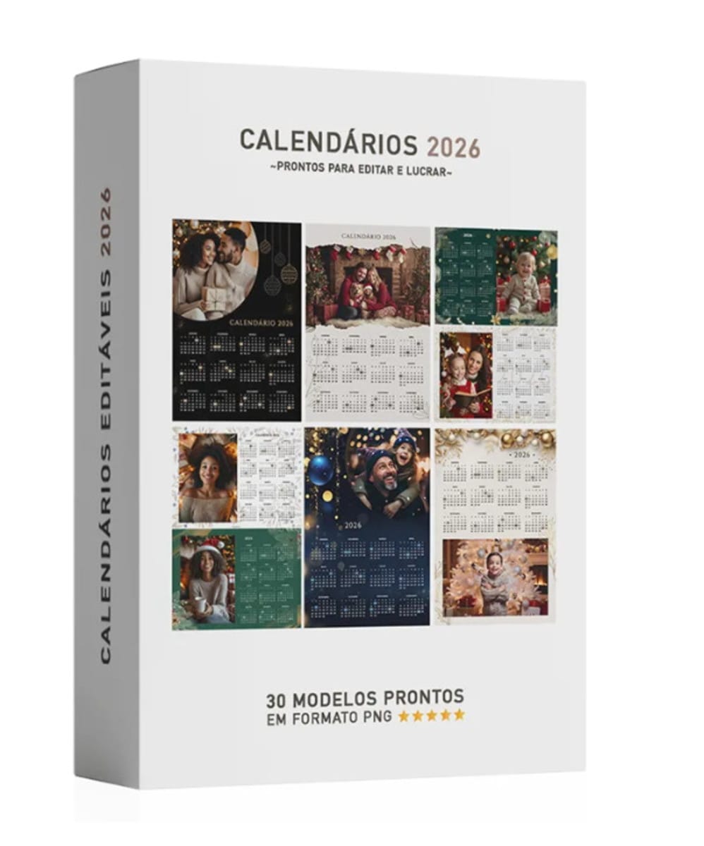 30 Modelos de Calendário 2026 Editável com Fotos 1 Mockup de caixa branca contendo diversos modelos de calendários para o ano 2026.