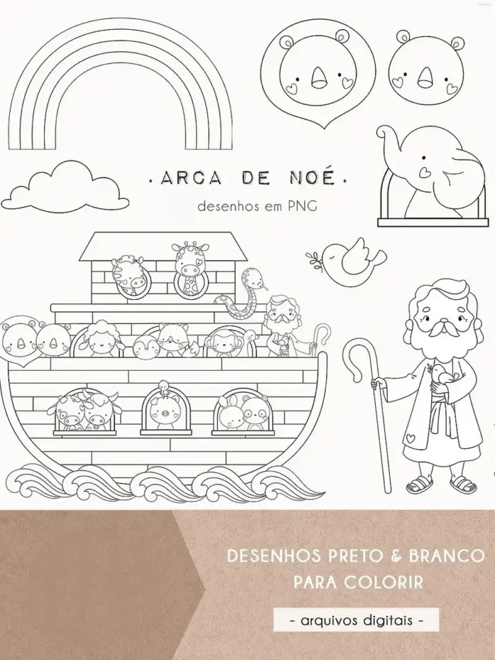 Desenhos da Arca de Noé para Colorir Kit Digital PNG