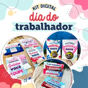 Kit Digital Dia do Trabalhador para Lembrancinhas 20 Arte digital com elementos coloridos e textos comemorativos para o dia do trabalhador.