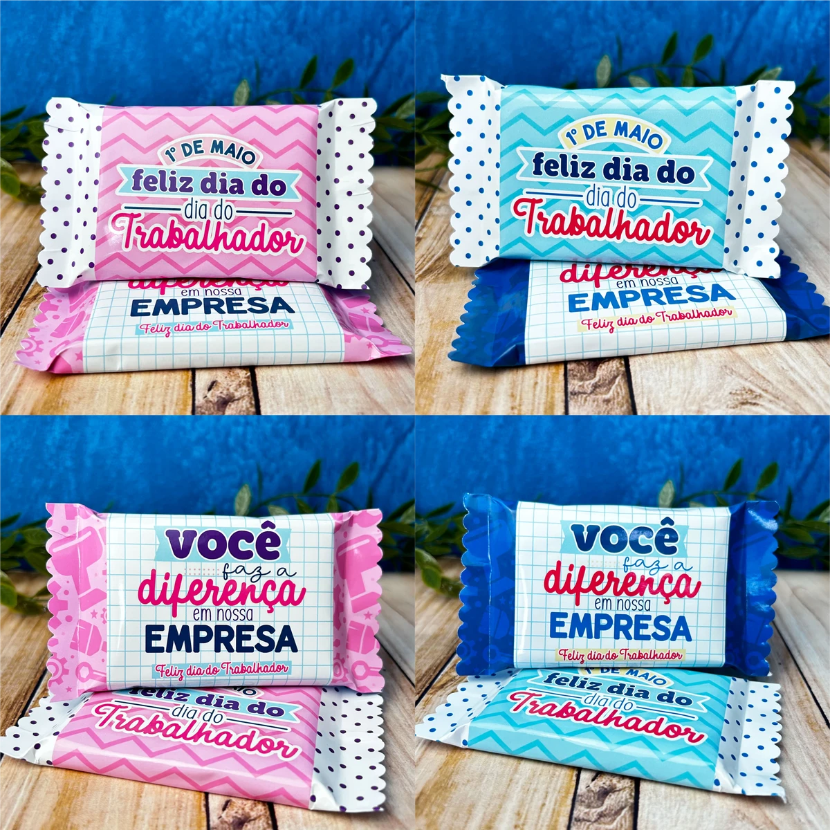 Kit Digital Dia do Trabalhador para Lembrancinhas 2 Quatro embalagens retangulares personalizadas para o Dia do Trabalhador sobre superfície de madeira.