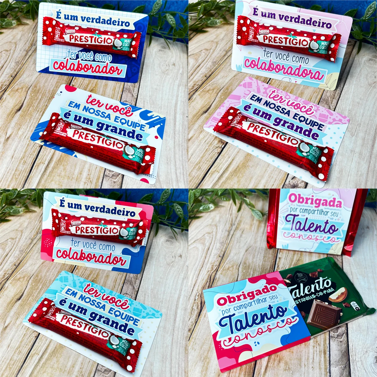 Kit Digital Dia do Trabalhador para Lembrancinhas 8 Cartões de papel personalizados com barras de chocolate fixadas sobre superfície de madeira clara.