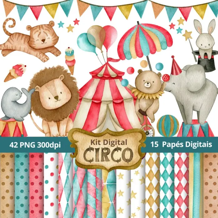 Kit Digital Circo Infantil Aquarela com Papéis Digitais 57 38222 001