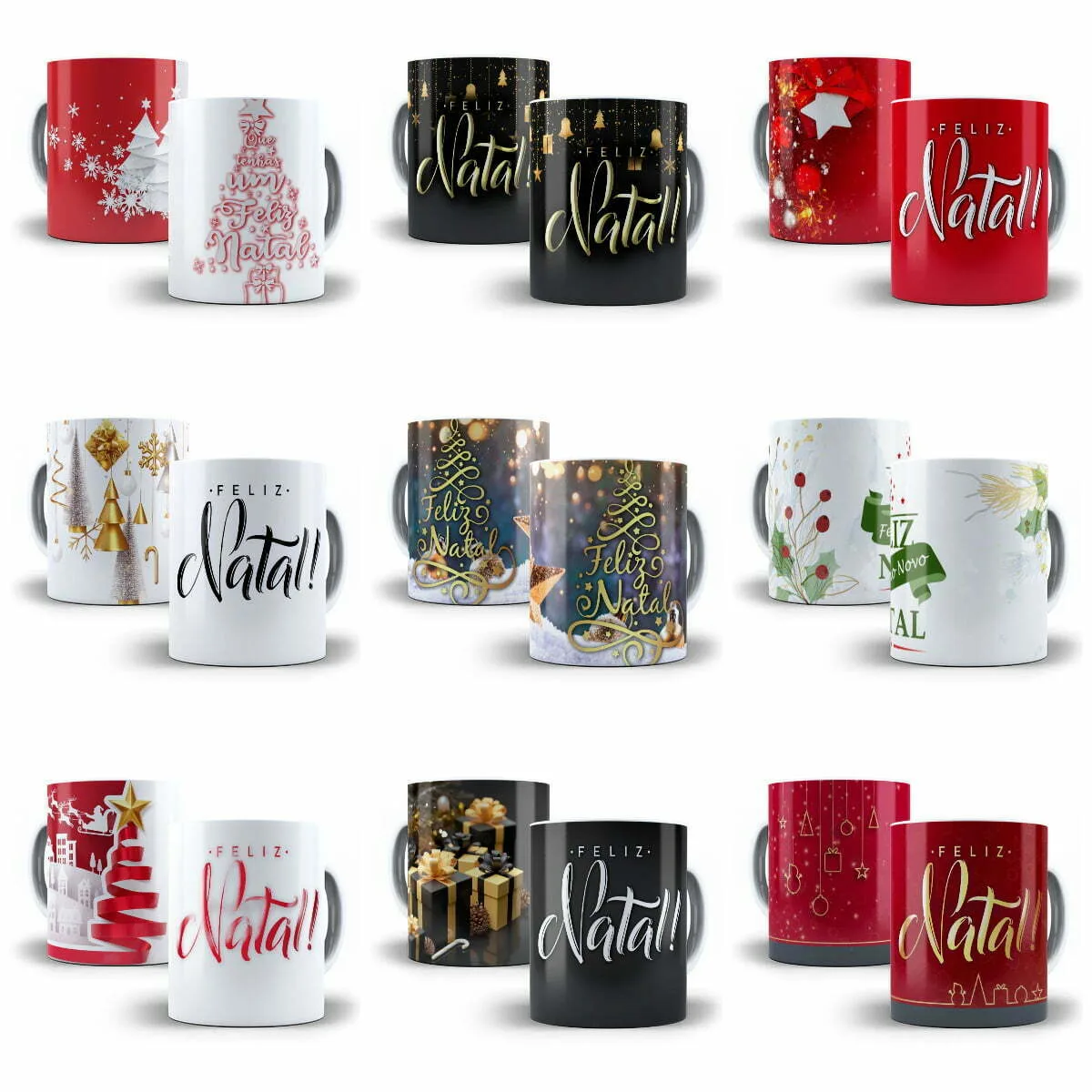 Coleção de canecas com diversas estampas temáticas decoradas para a celebração de Natal.