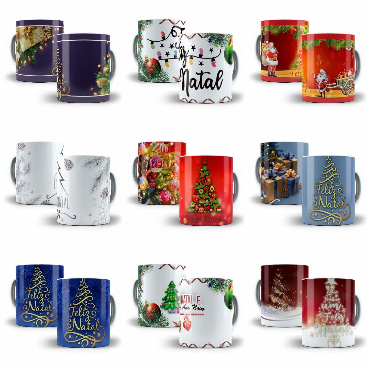 Várias canecas com estampas variadas relacionadas ao tema de festas de fim de ano.
