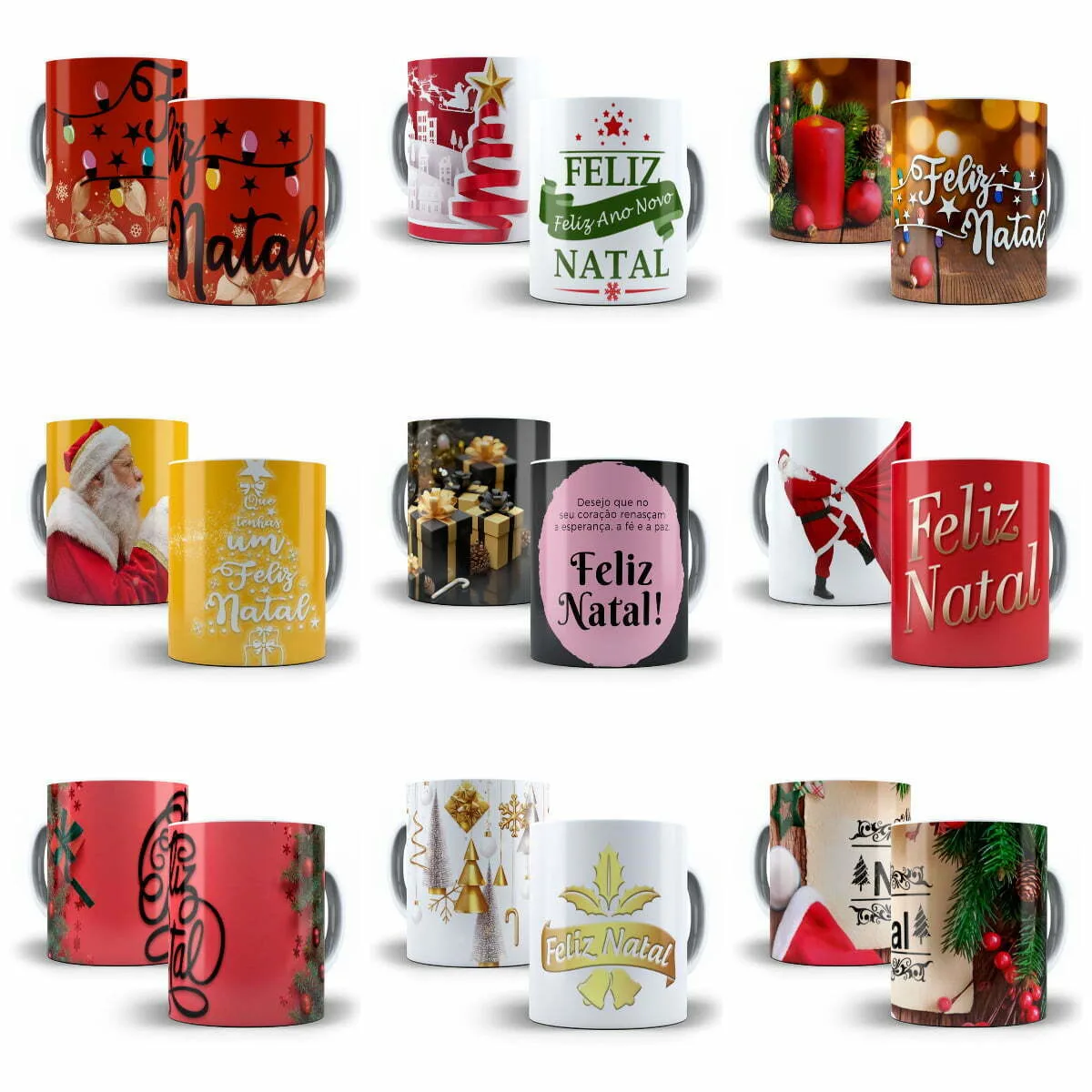 Coleção de canecas brancas estampadas com diversos temas natalinos e mensagens festivas coloridas.