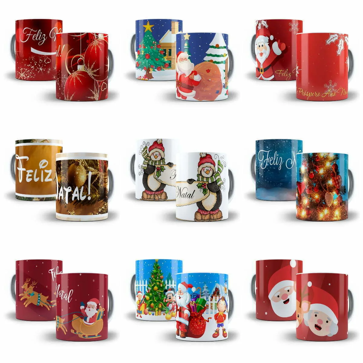Nove canecas de cerâmica com variadas estampas coloridas de temática natalina em fundo branco.