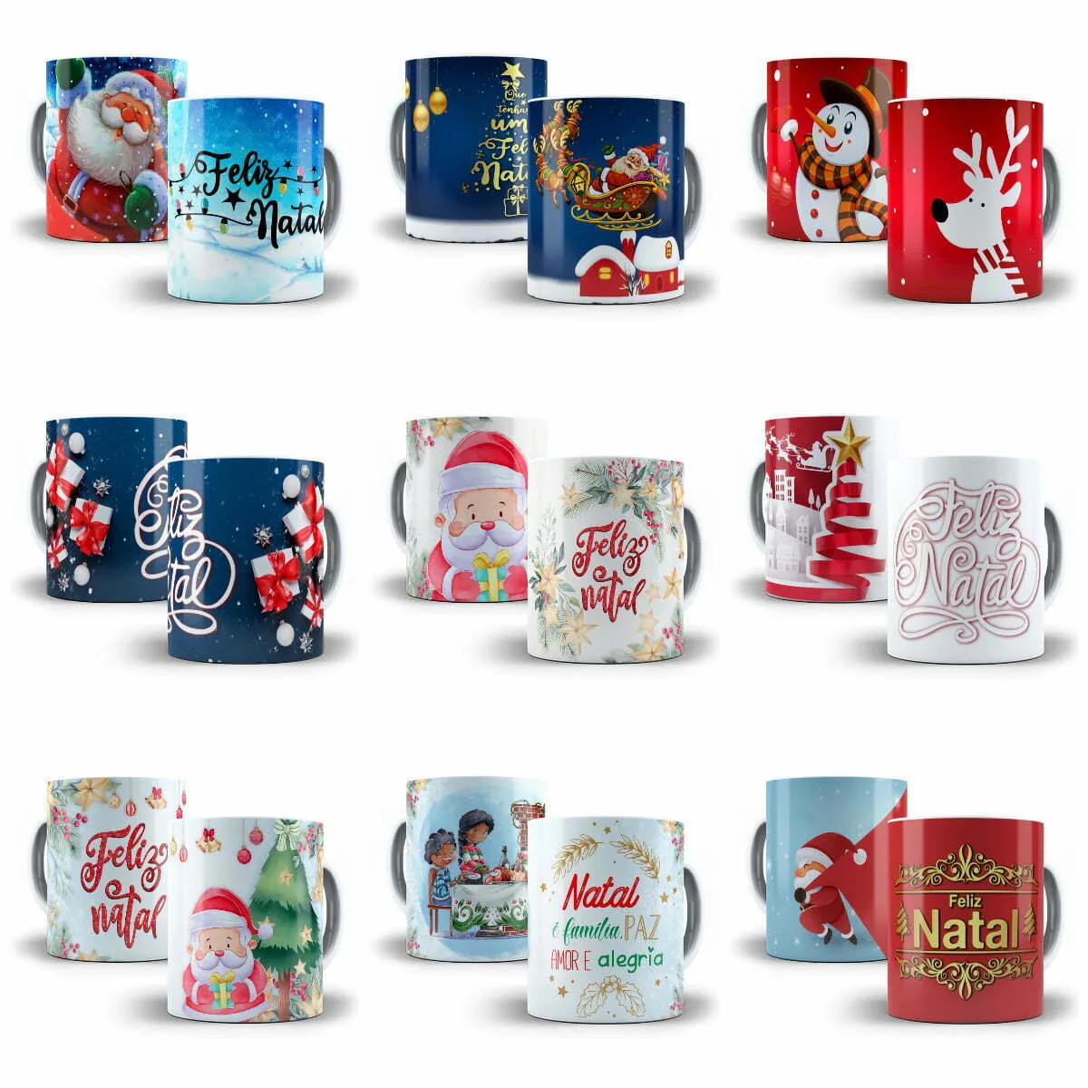 Coleção de canecas com diversas estampas temáticas comemorativas de Natal.