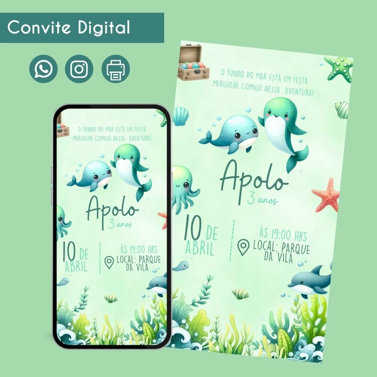 Convite Digital Fundo do Mar Verde para Aniversário 1 Convite Digital Fundo do Mar Verde para Aniversário