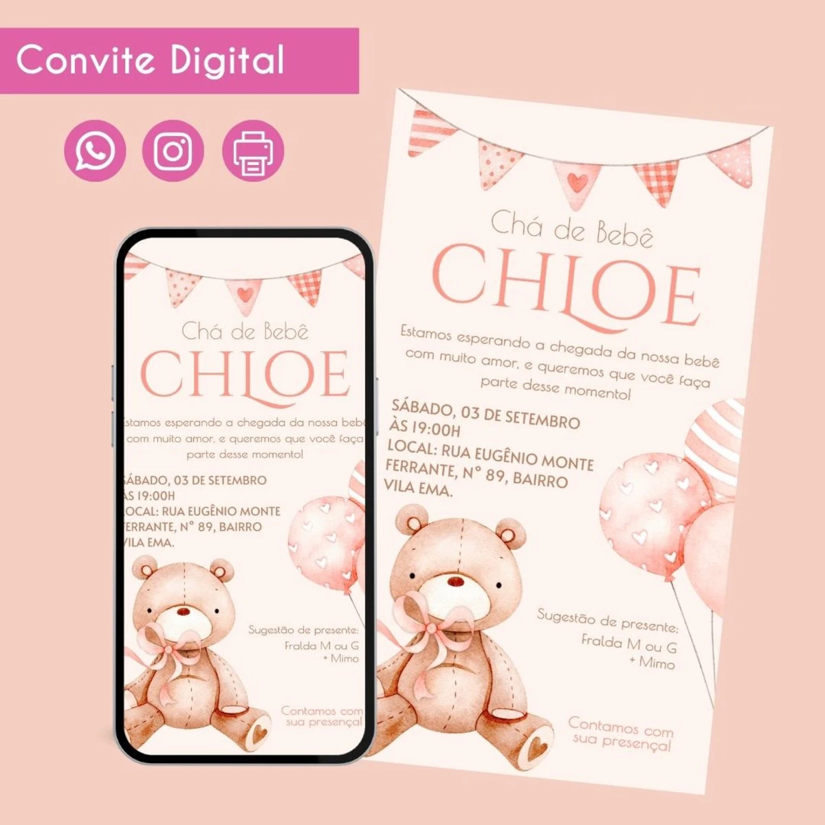 Convite Digital Chá de Bebê Ursinho Rosa para WhatsApp 1 Convite Digital Chá de Bebê Ursinho Rosa para WhatsApp