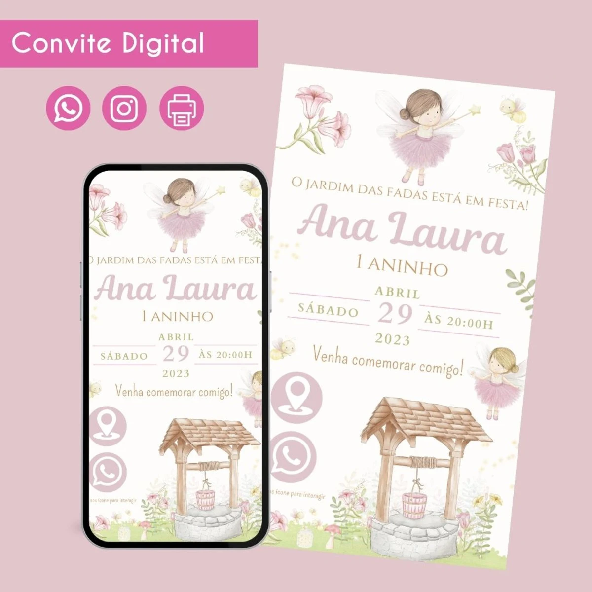 Convite Digital Fadinha Rosa para Festa Infantil 1 Convite Digital Fadinha Rosa para Festa Infantil